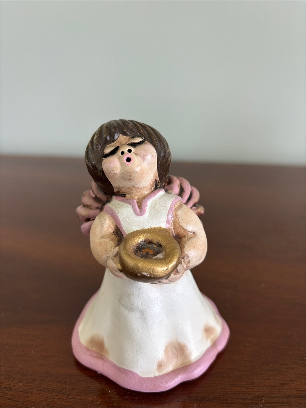 Original Bozner Engelthun Ceramic Angel Figurine in White, Pink and Gold